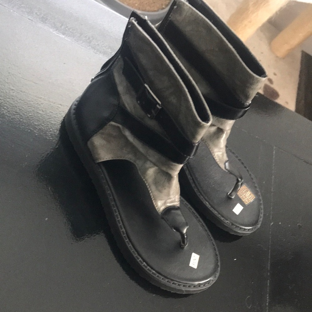 Women's Black and Gray Ankle Booties with Buckle Detail